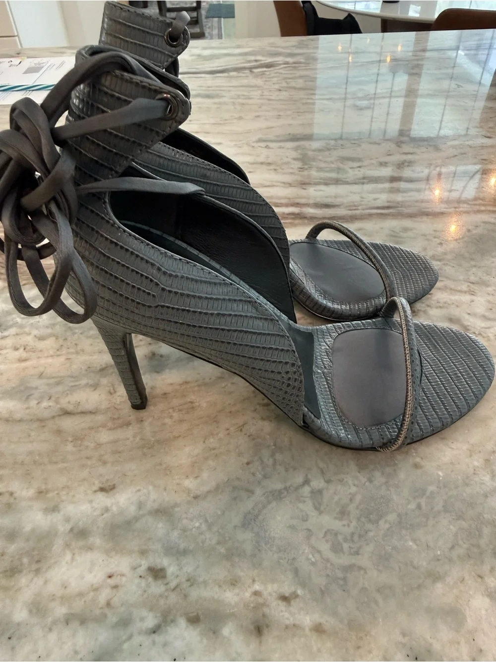 REISS Coco Ankle Tie Lizard Embossed Leather Sandals Heels Grey 37 US 6.5 / 7